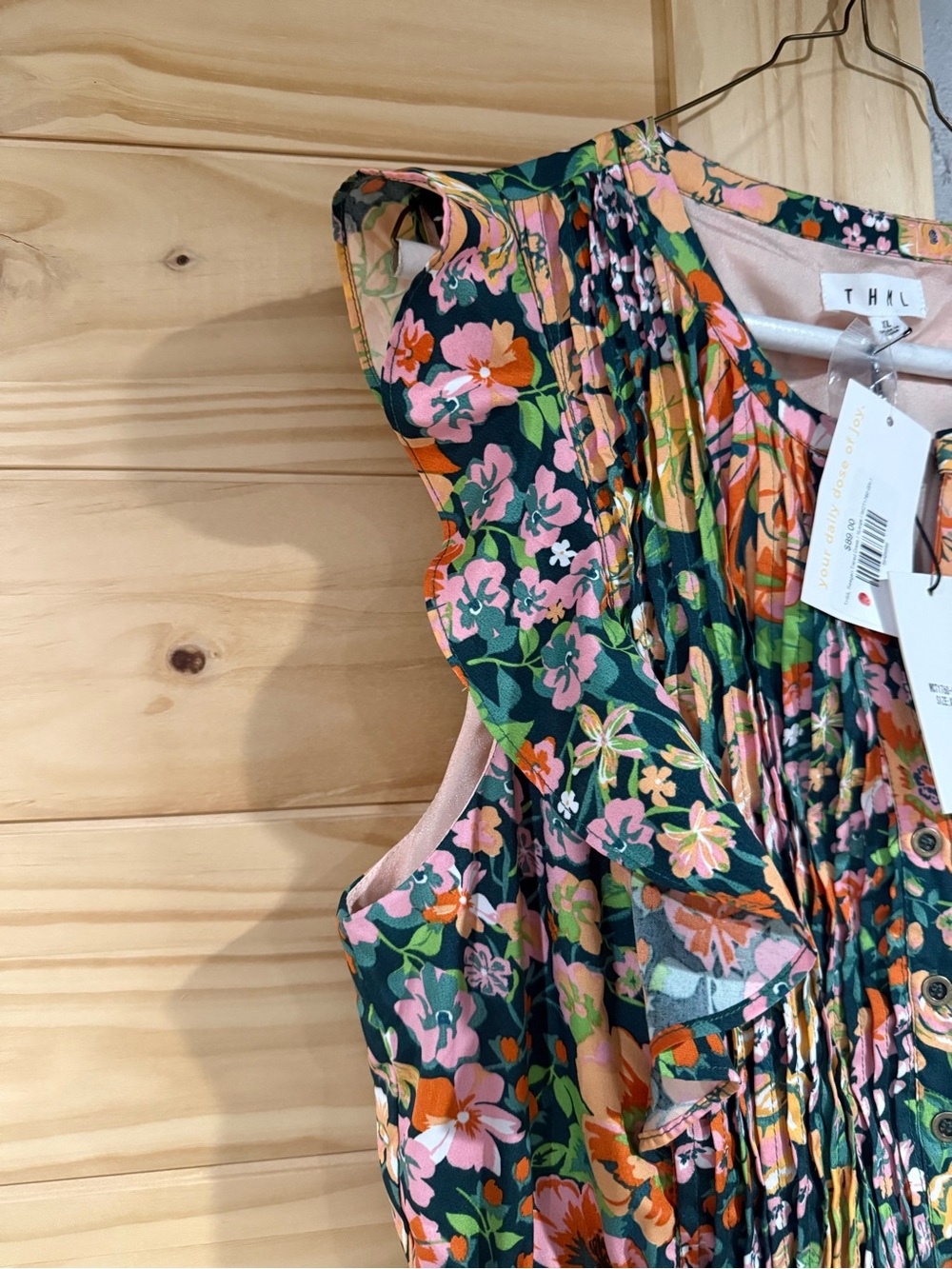 NWT THML Floral Ruffle dress in Green Pink Peach - Picture 5 of 16